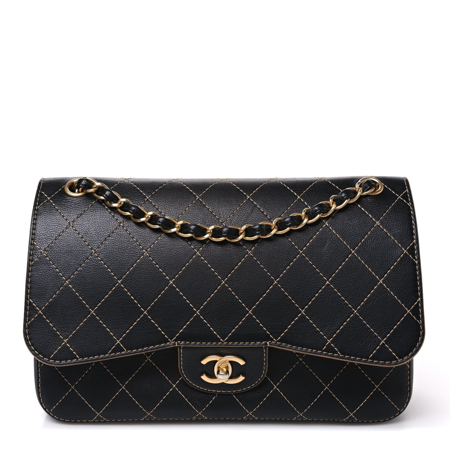 Calfskin Stitched Jumbo Double Flap Black