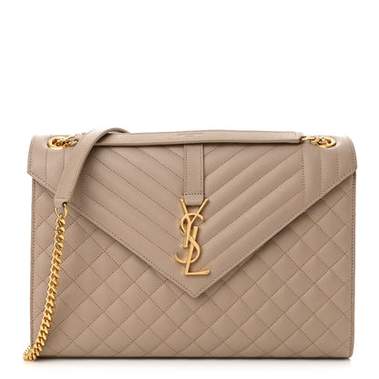 Saint Laurent Grain De Poudre Mixed Matelasse Large Triquilt Monogram Satchel Dark Beige 1 of 10