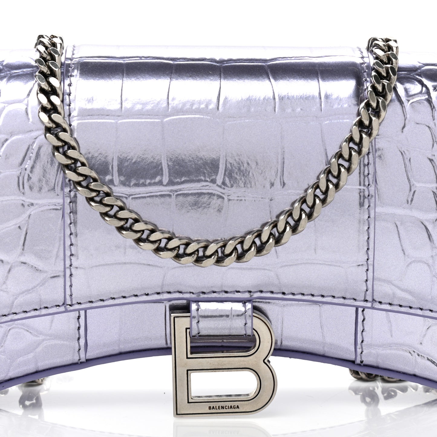 Shiny Metallic Calfskin Crocodile Embossed Hourglass Chain Bag Lilac