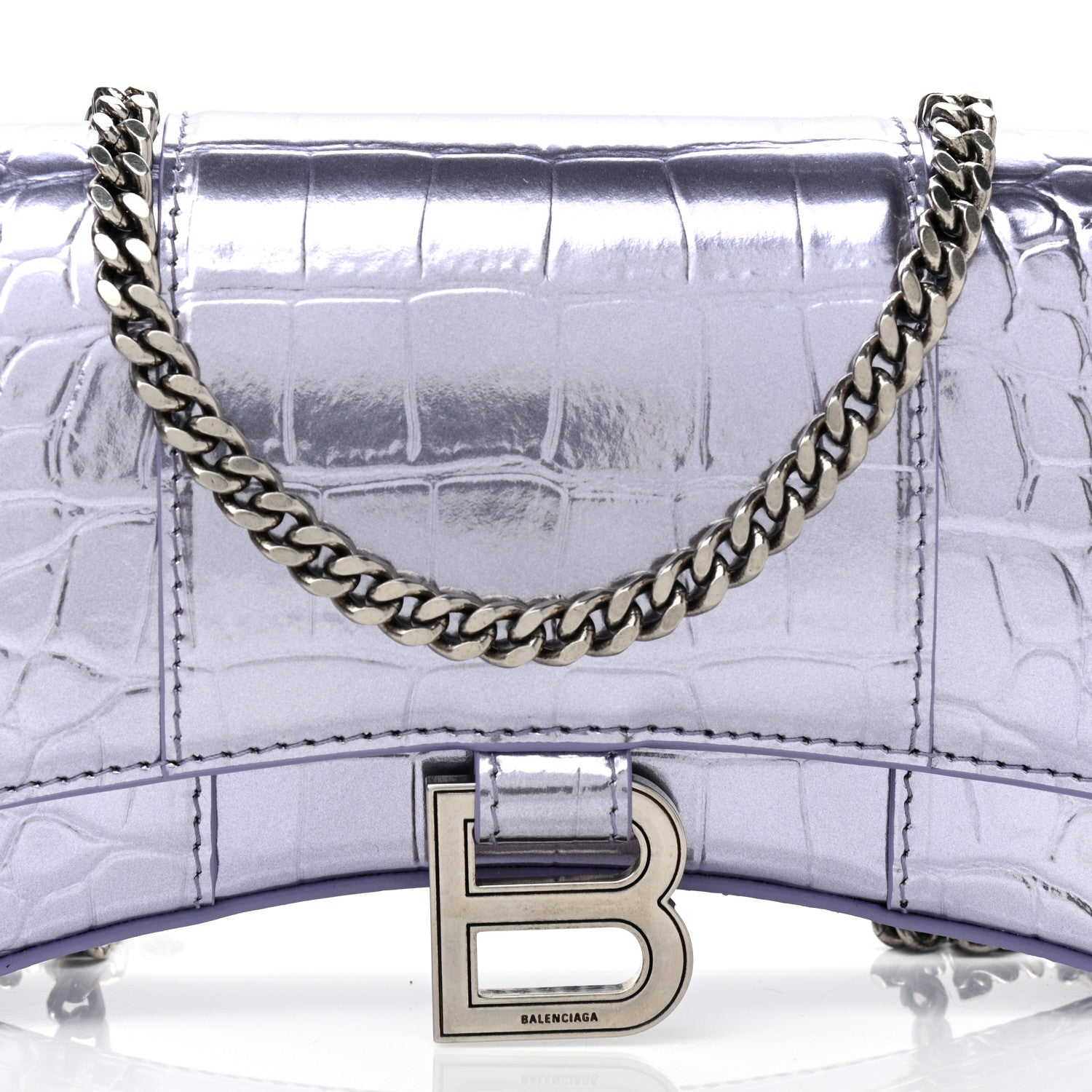 Balenciaga Shiny Metallic Calfskin Crocodile Embossed Hourglass Chain Bag Lilac 7 of 9