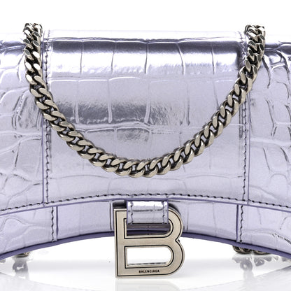 Balenciaga Shiny Metallic Calfskin Crocodile Embossed Hourglass Chain Bag Lilac 7 of 9