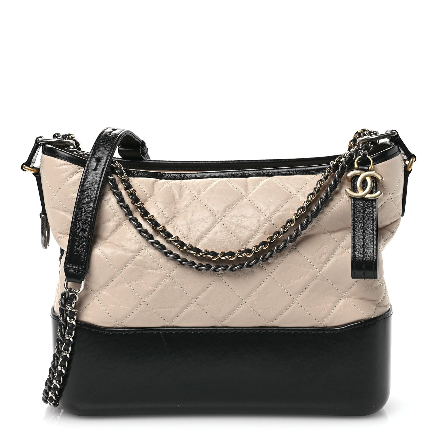 Aged Calfskin Quilted Medium Gabrielle Hobo Beige Black