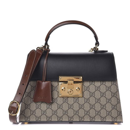 Gucci GG Supreme Monogram Calfskin Small Padlock Top Handle Bag Beige Black Cuir 1 of 9