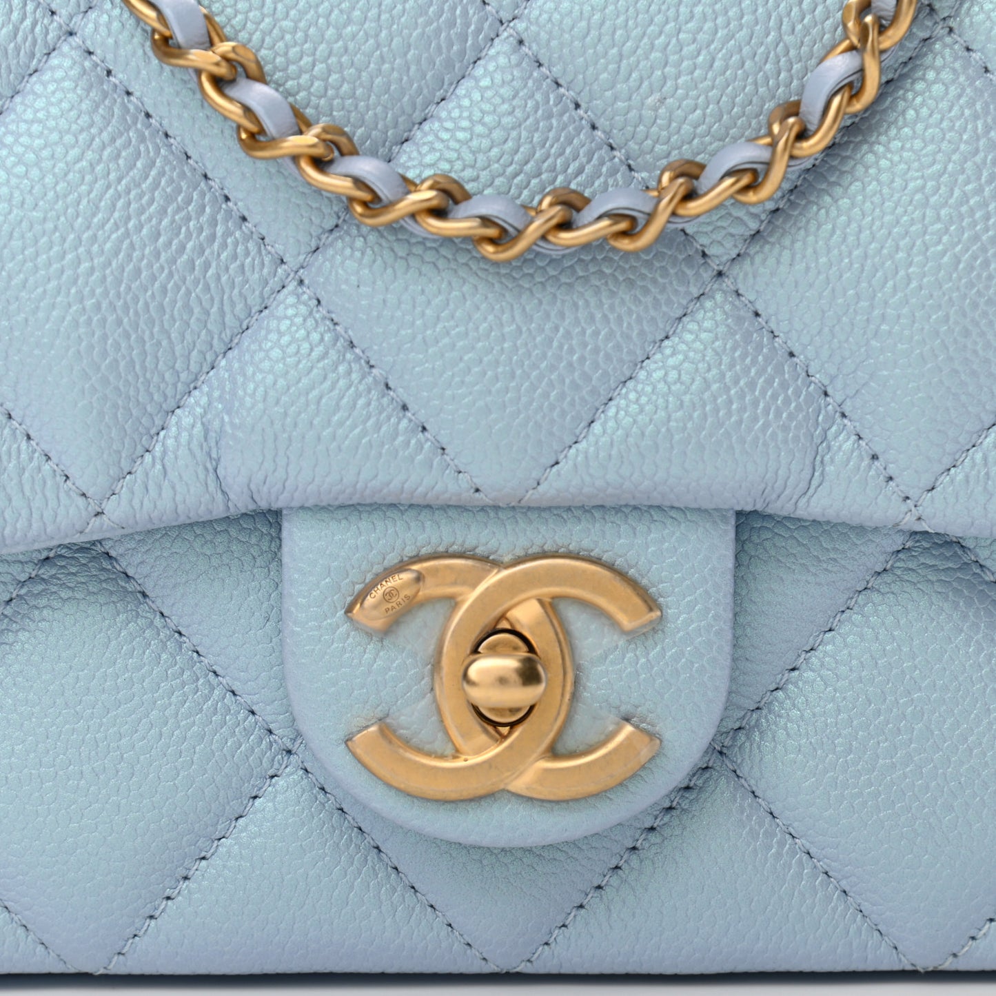 Iridescent Caviar Quilted Mini My Perfect Flap Light Blue