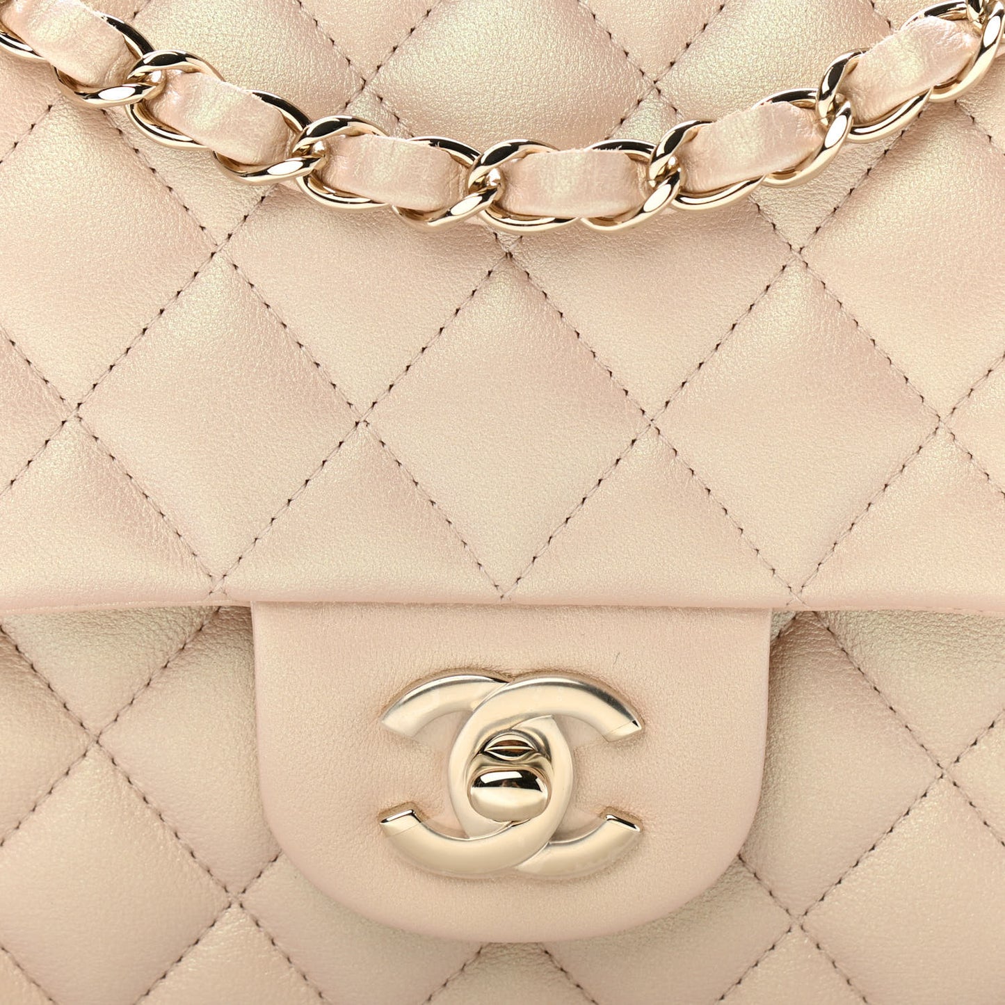 Iridescent Calfskin Quilted Medium Double Flap Beige