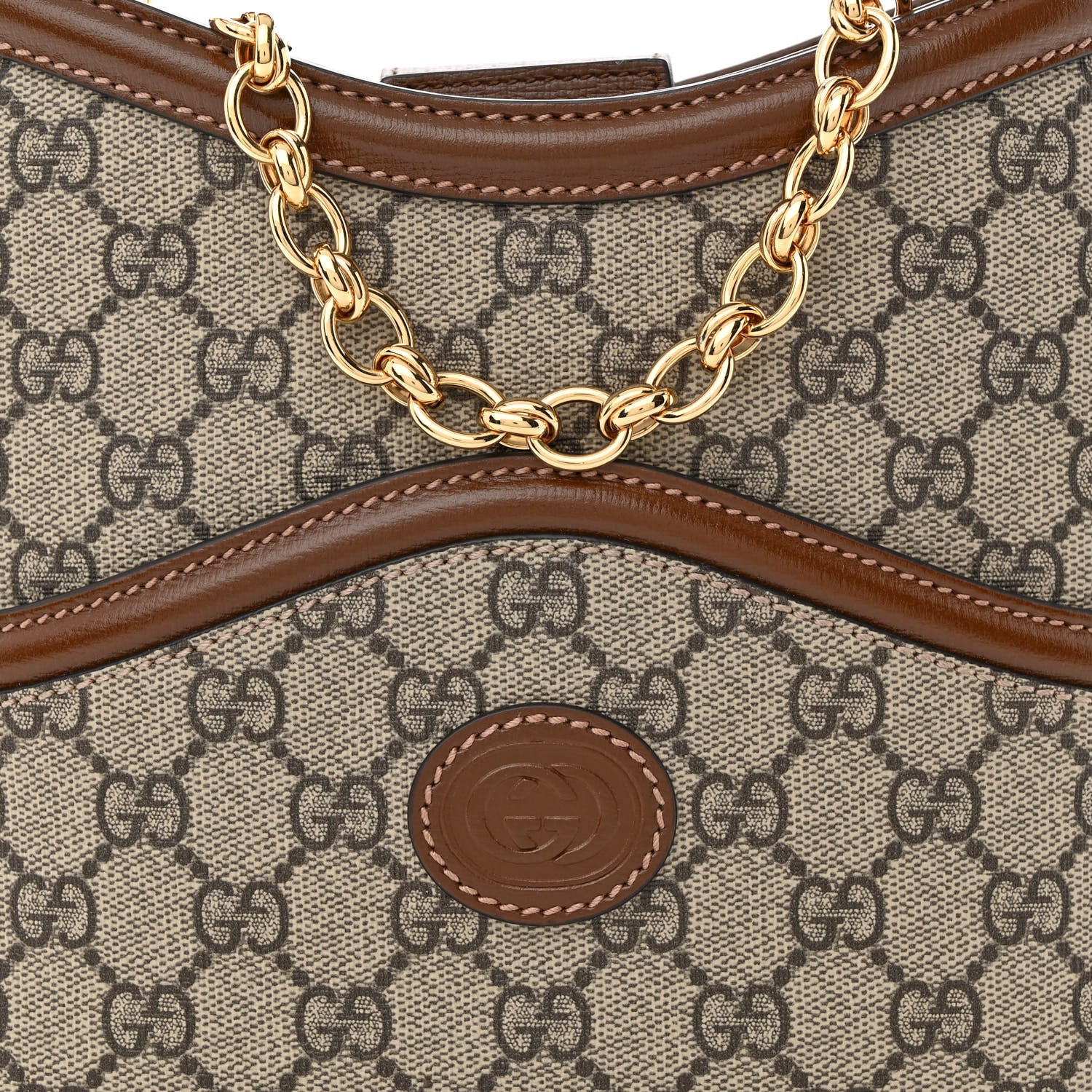 Gucci GG Supreme Monogram Azalea Calfskin Retro Interlocking G Chain Shoulder Bag Beige Ebony Brown Sugar 8 of 10