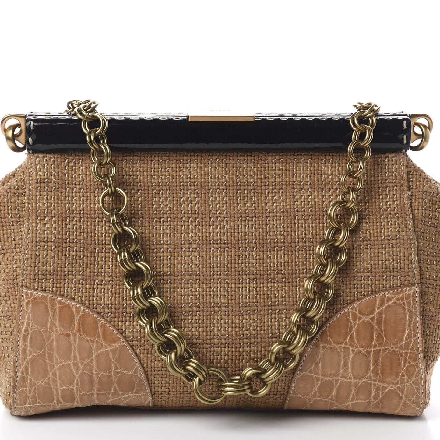 Straw Crocodile Woven Semitracolla Frame Bag Tabacco Naturale