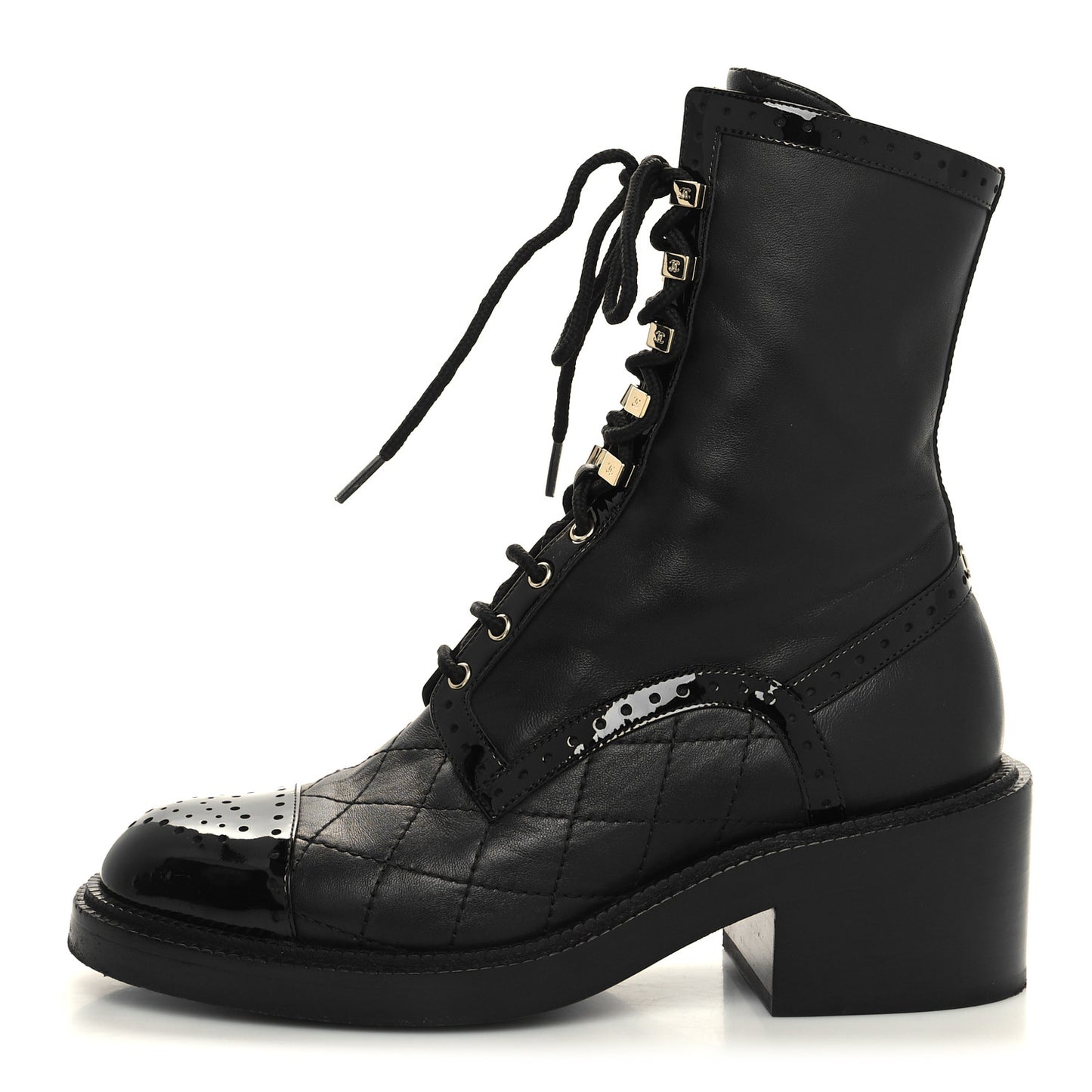 Lambskin Patent Calfskin Quilted CC Lace Up Combat Boots 37 Black