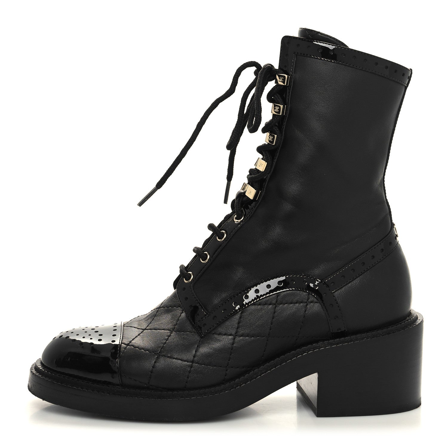 Chanel Lambskin Patent Calfskin Quilted CC Lace Up Combat Boots 37 Black 1 of 9