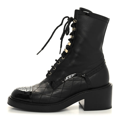 Chanel Lambskin Patent Calfskin Quilted CC Lace Up Combat Boots 37 Black 1 of 9