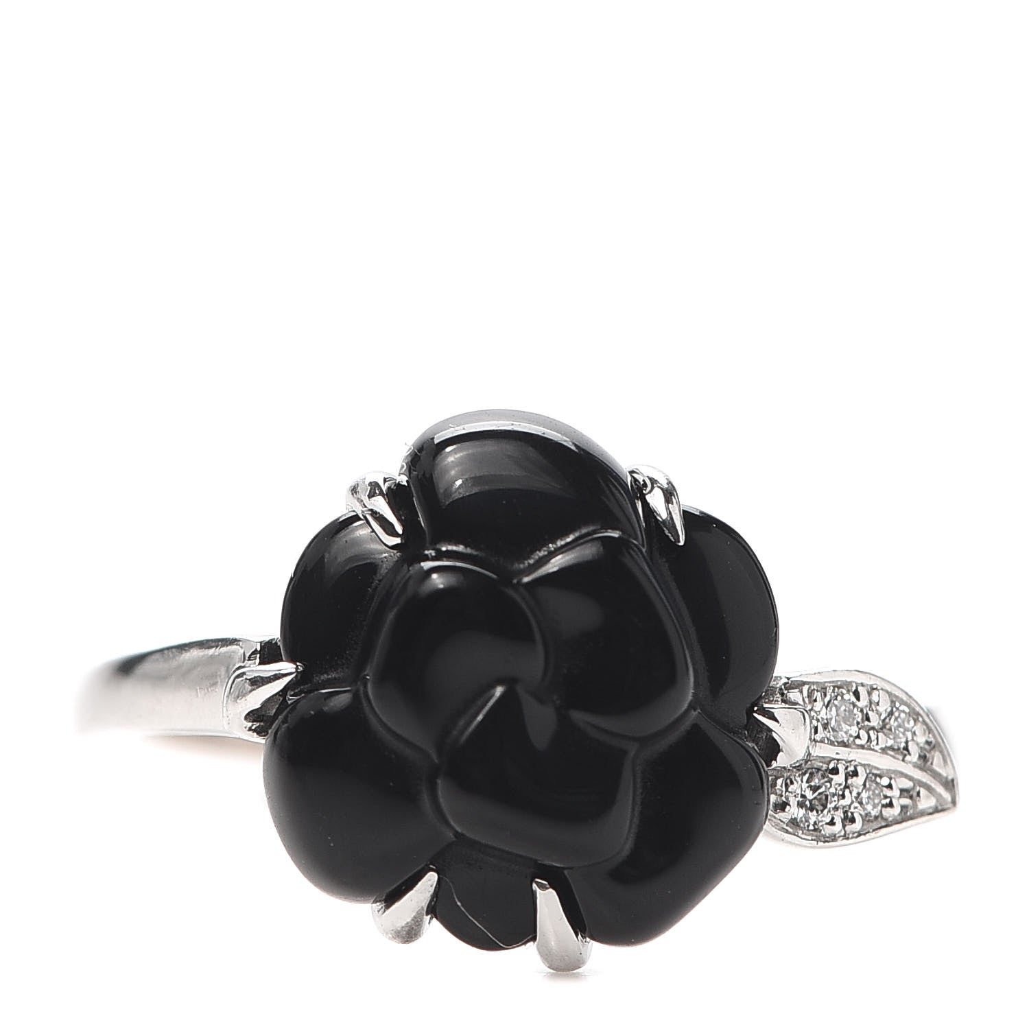 Chanel 18K White Gold Diamond Onyx Camellia Ring 53 6.25 1 of 4