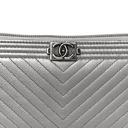 Chanel Metallic Caviar Chevron Quilted Boy Small Zip Around Wallet Silver 9 of 17