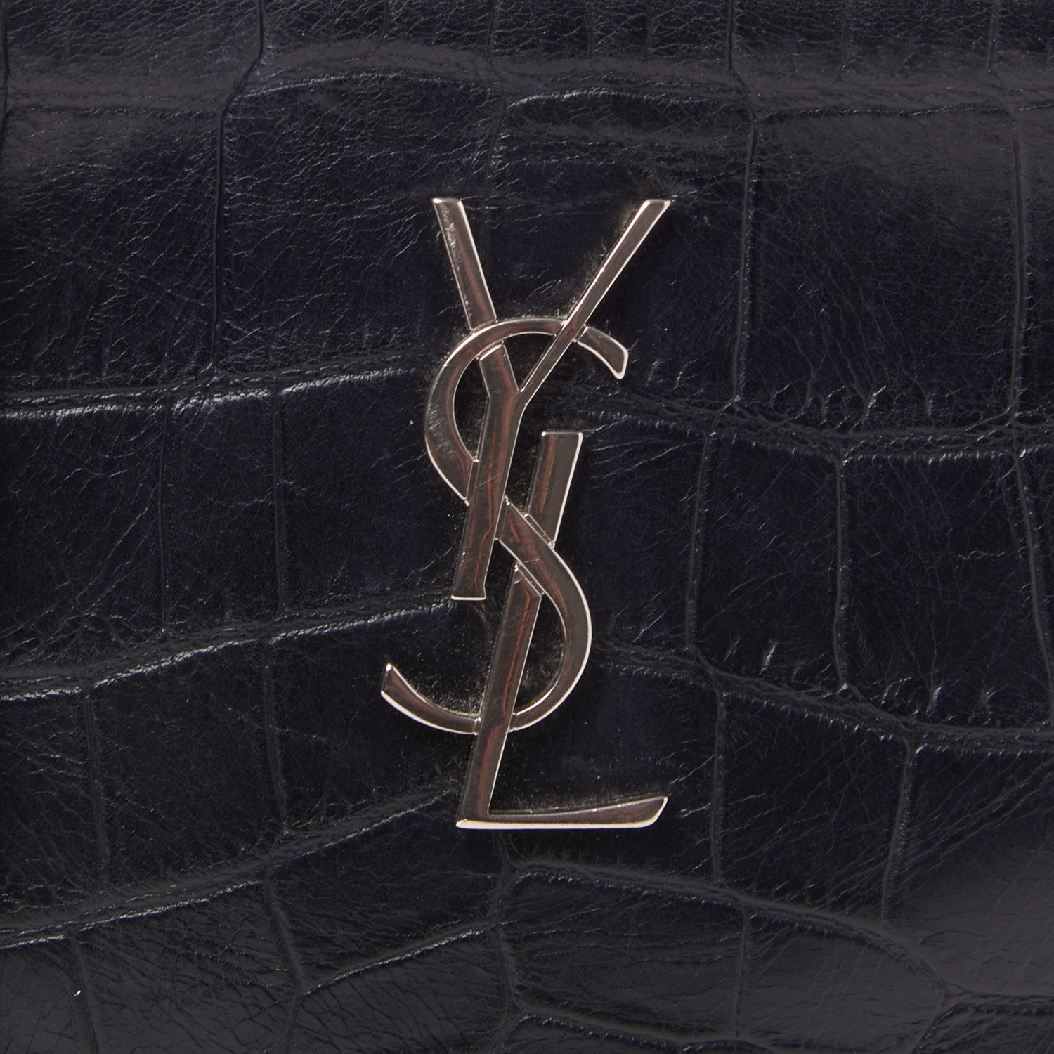 Saint Laurent Calfskin Crocodile Embossed Monogram Lunch Box Bag Black 7 of 8