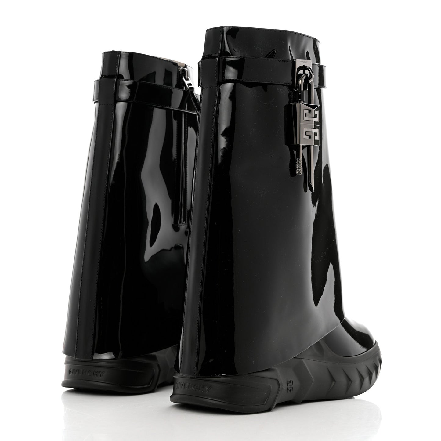 Patent Shark Lock Biker Ankle Boots 38 Black