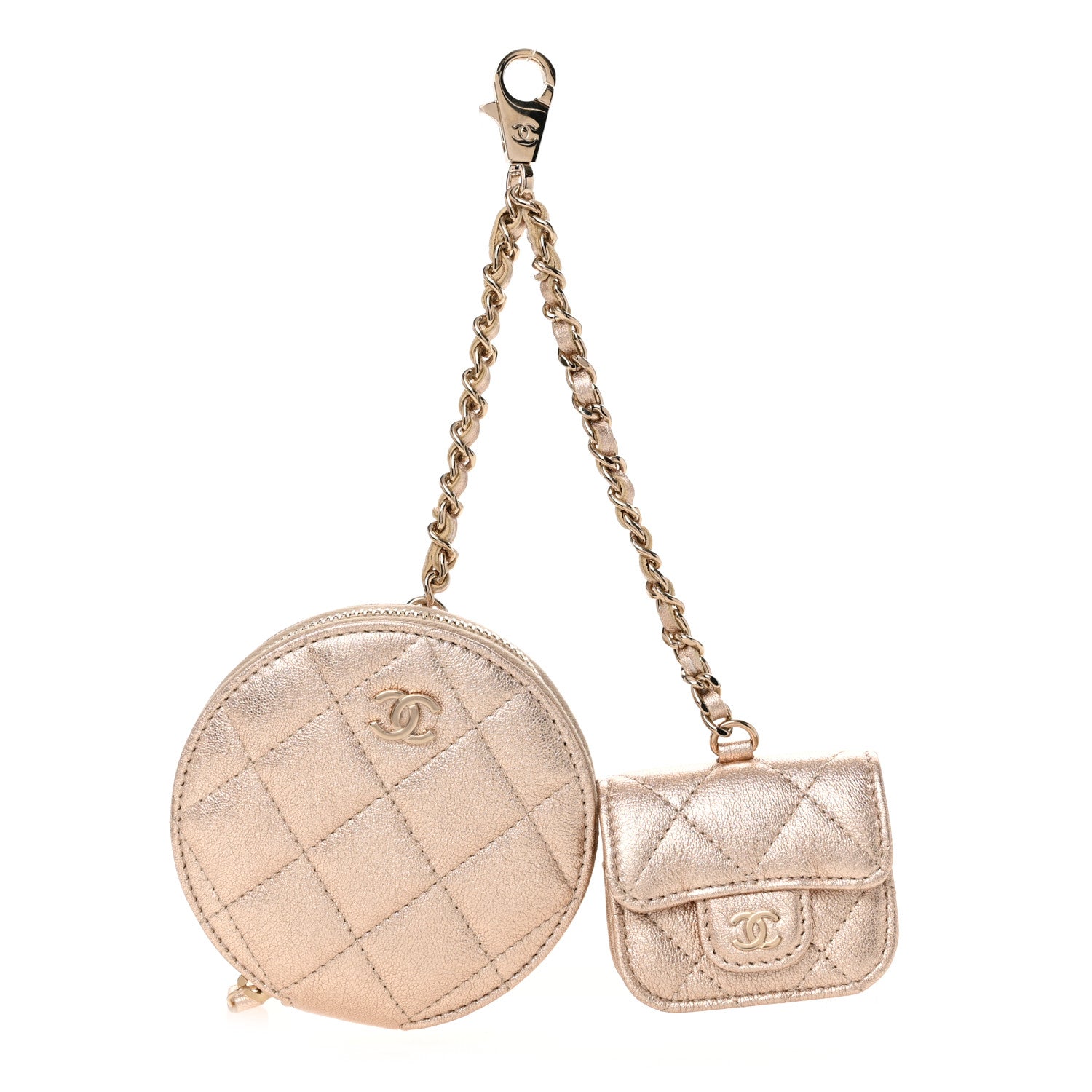 Chanel Metallic Lambskin Quilted Round Clip On Coin Purse Airpods Case Gold 1 of 11
