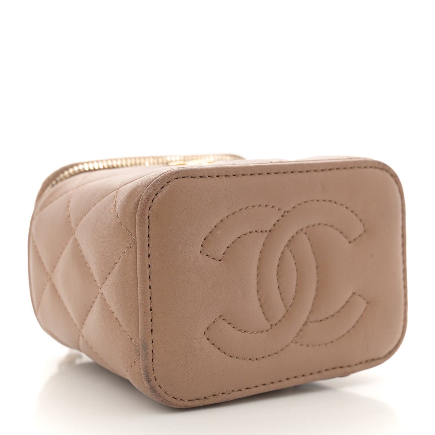 Lambskin Quilted Top Handle Mini Vanity Case With Chain Beige