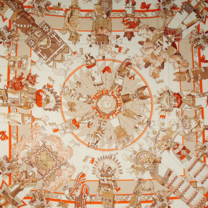 Hermes Cashmere Silk Kachinas Shawl 140 Orange Blanc Beige 1 of 6