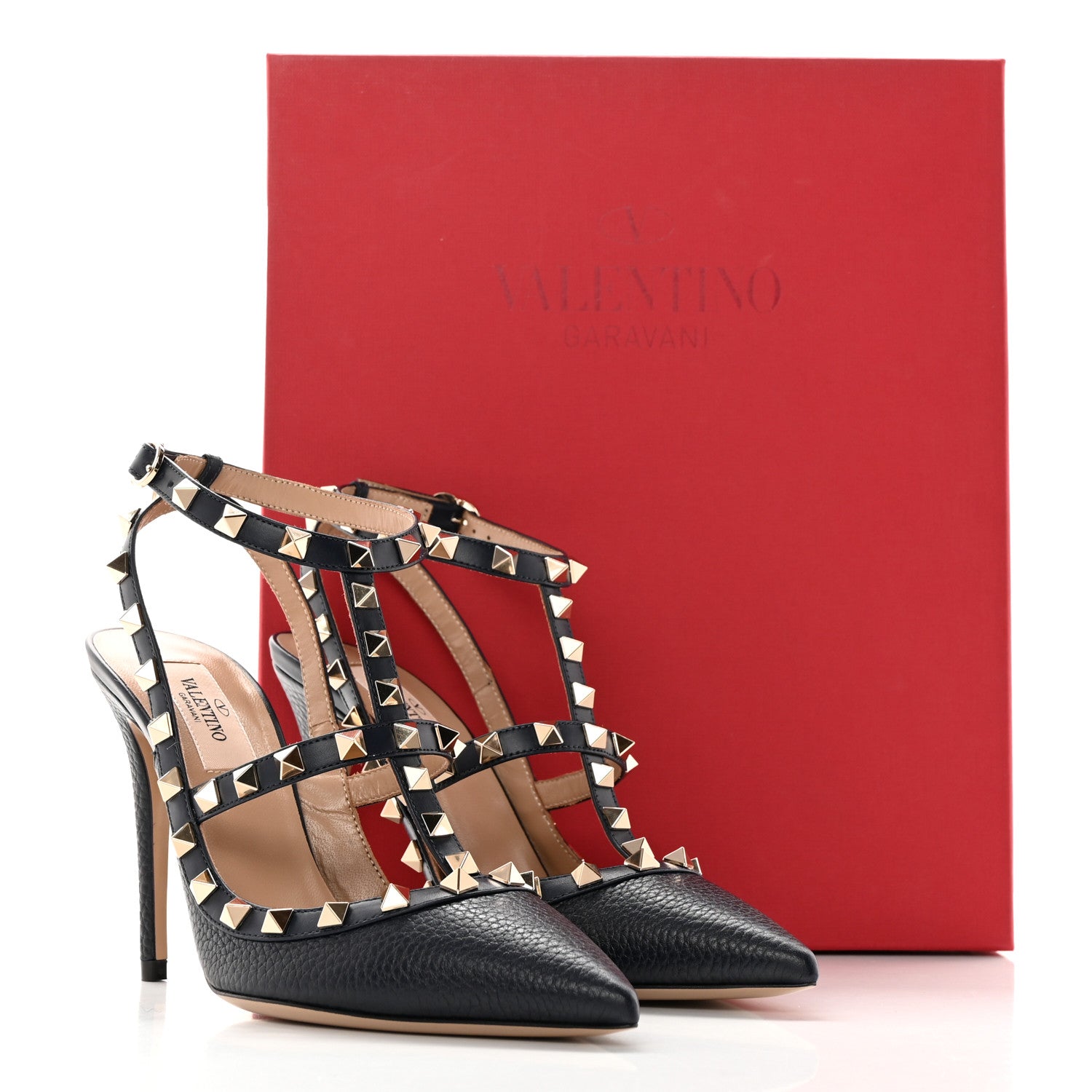 Valentino Garavani Pebbled Calfskin Rockstud Ankle Strap 100mm Pumps 37 Deep Denim 13 of 13