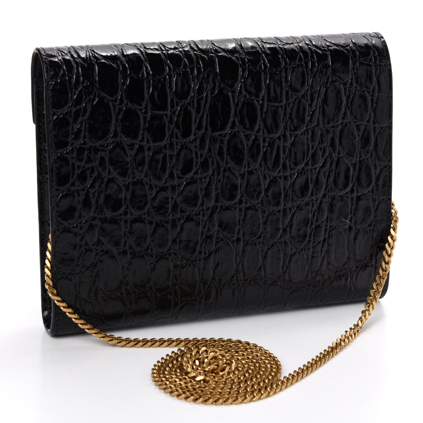 Calfskin Crocodile Embossed Monogram Cassandra Chain Wallet Black
