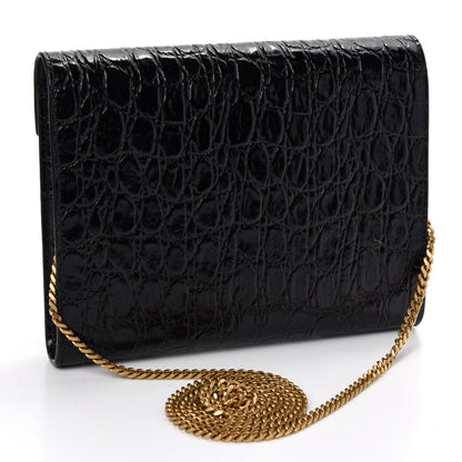 Saint Laurent Calfskin Crocodile Embossed Monogram Cassandra Chain Wallet Black 3 of 14
