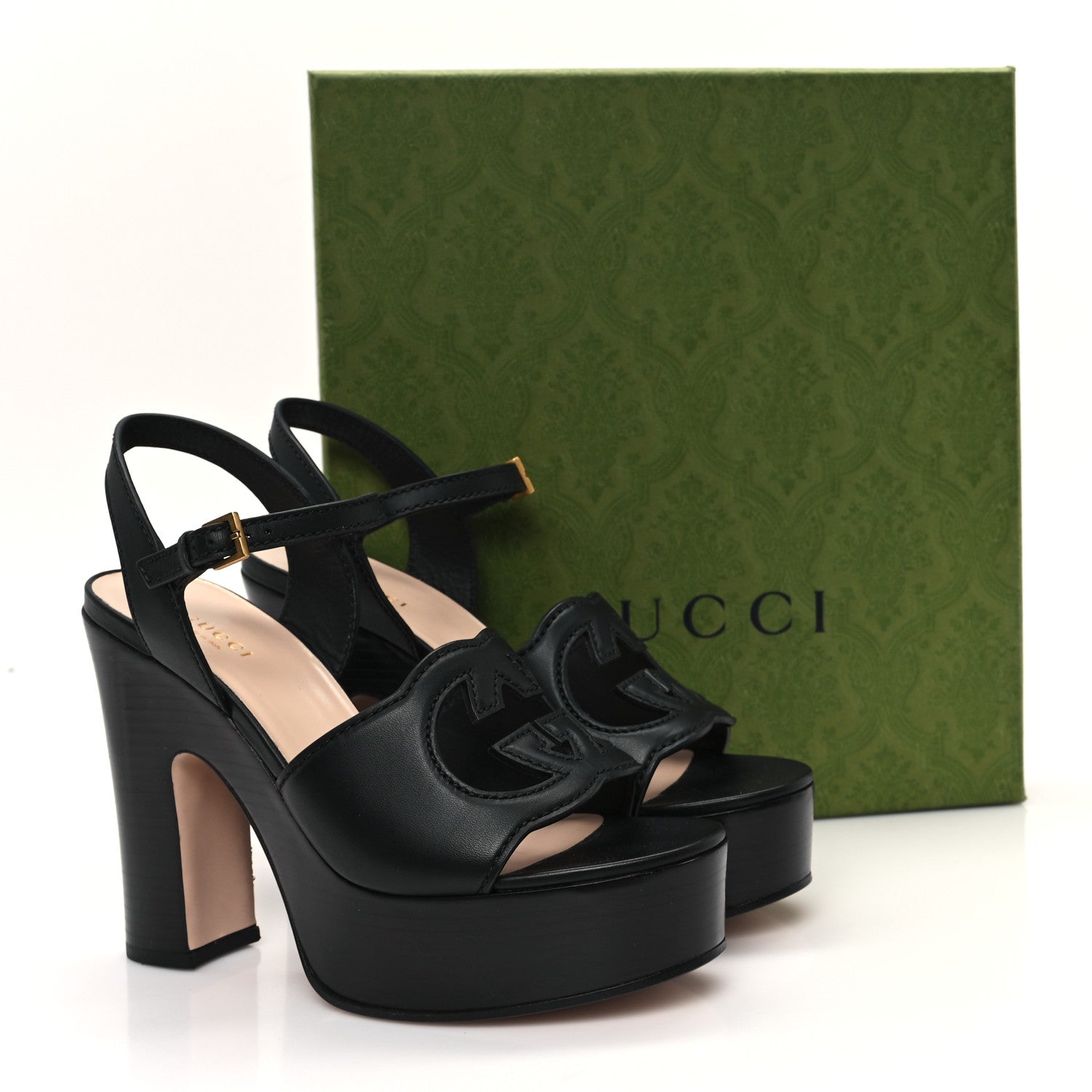 Gucci Cosmos Softy Calfskin Wooden Interlocking G Cut-Out 30/120mm Platform Sandals 38.5 Black 9 of 9