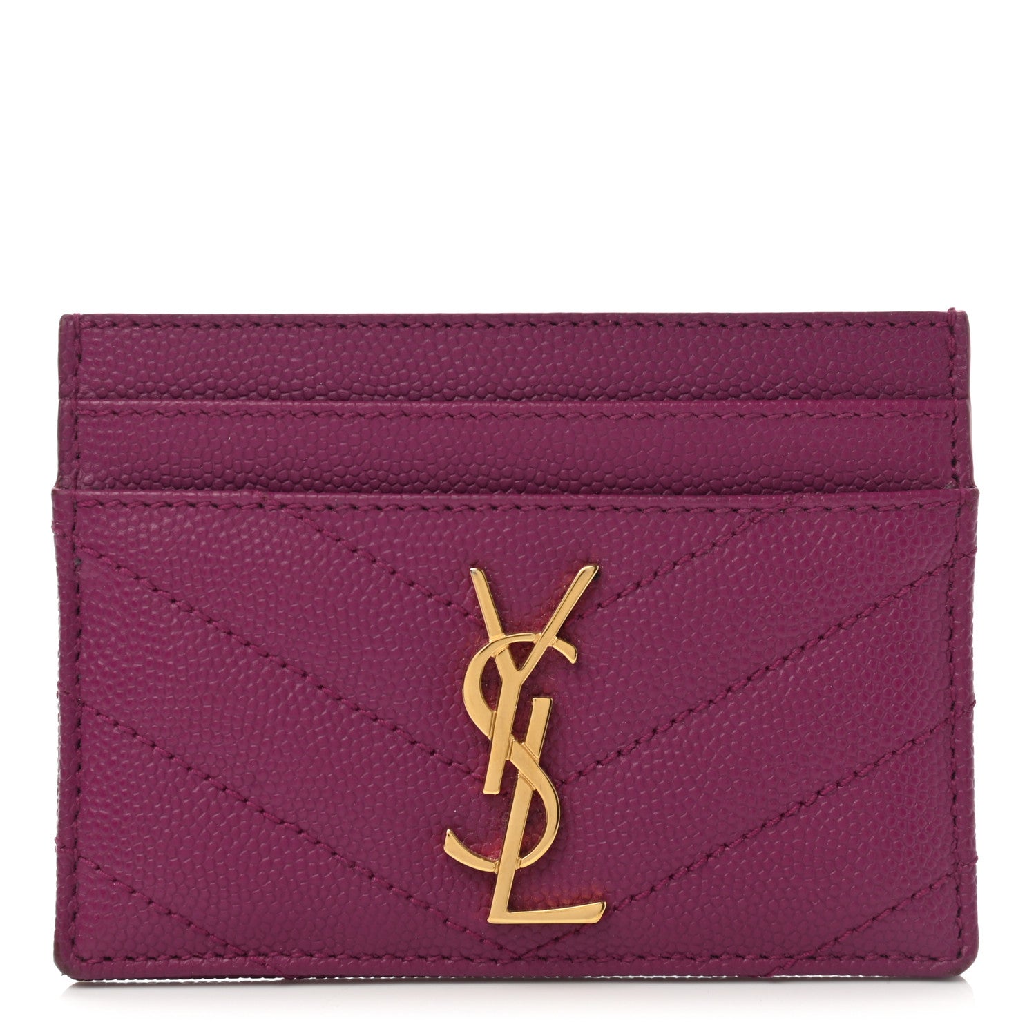 Saint Laurent Grain De Poudre Matelasse Chevron Monogram Credit Card Case Dark Grape 1 of 7
