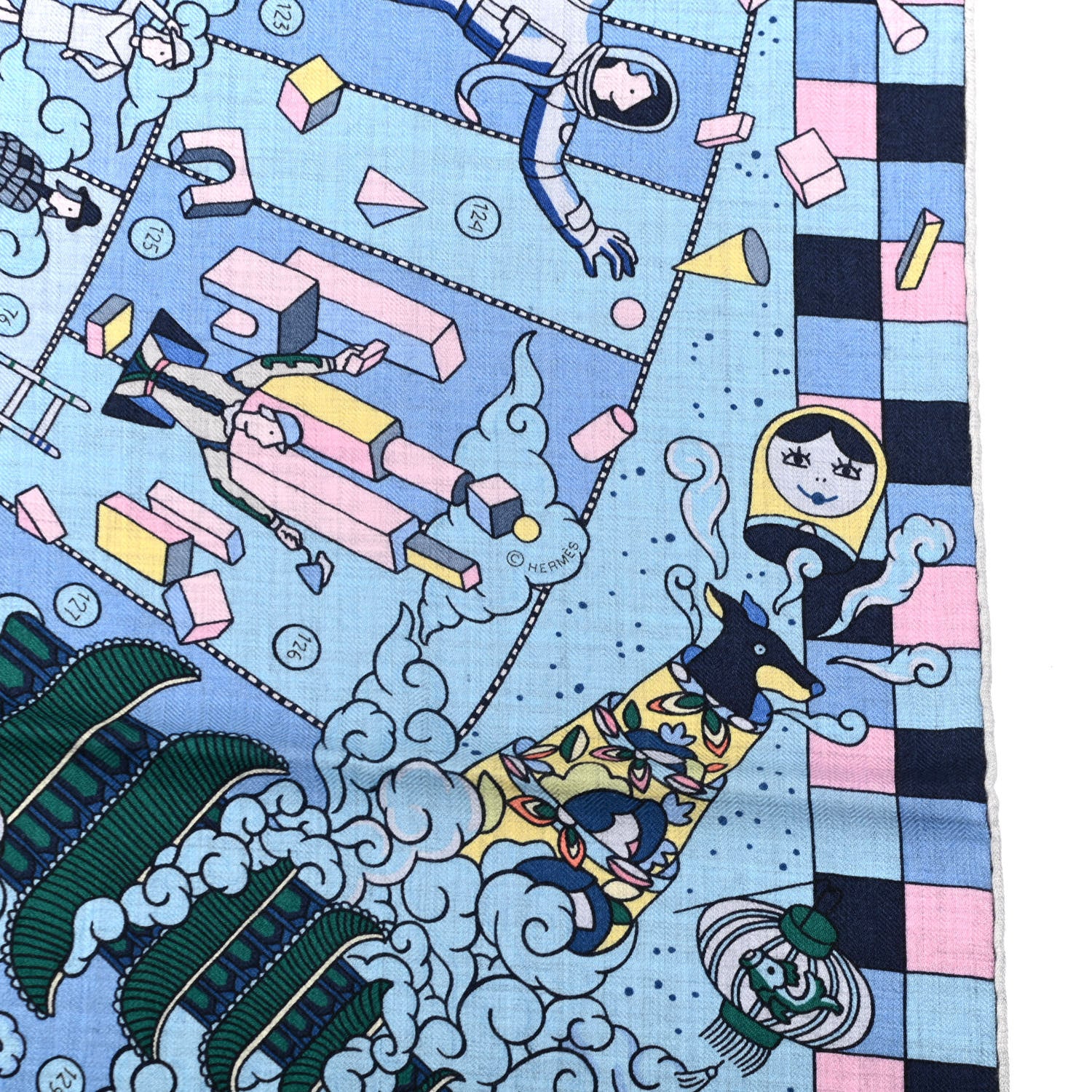 Hermes Cashmere Silk L'Epopee D'Hermes Shawl 140 Bleu Ciel Rose Pale Jaune 3 of 4