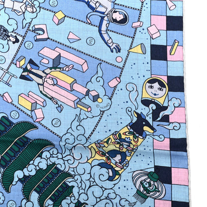 Hermes Cashmere Silk L'Epopee D'Hermes Shawl 140 Bleu Ciel Rose Pale Jaune 3 of 4