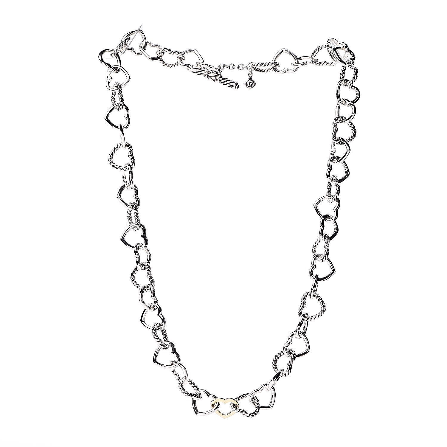 David Yurman Sterling Silver 18K Yellow Gold Cable Heart Link Necklace 3 of 7