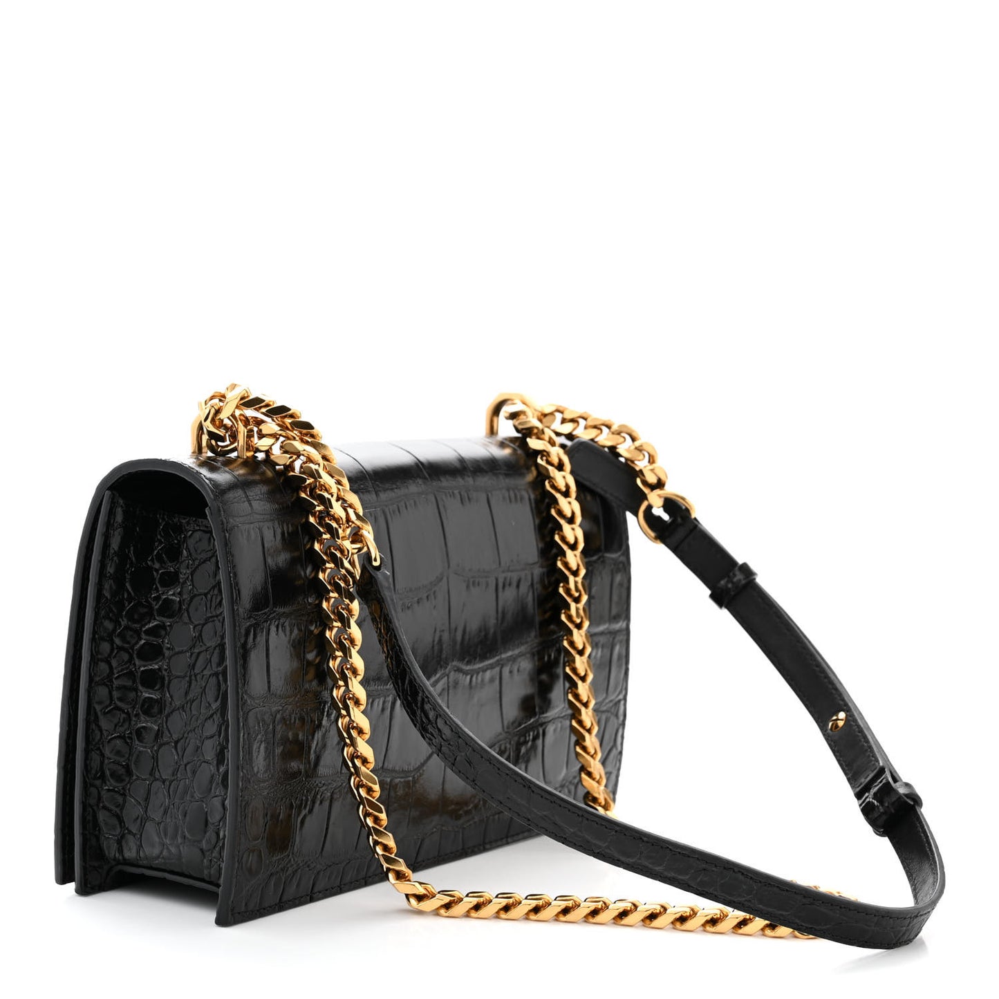 Shiny Crocodile Embossed Jeweled Satchel Black