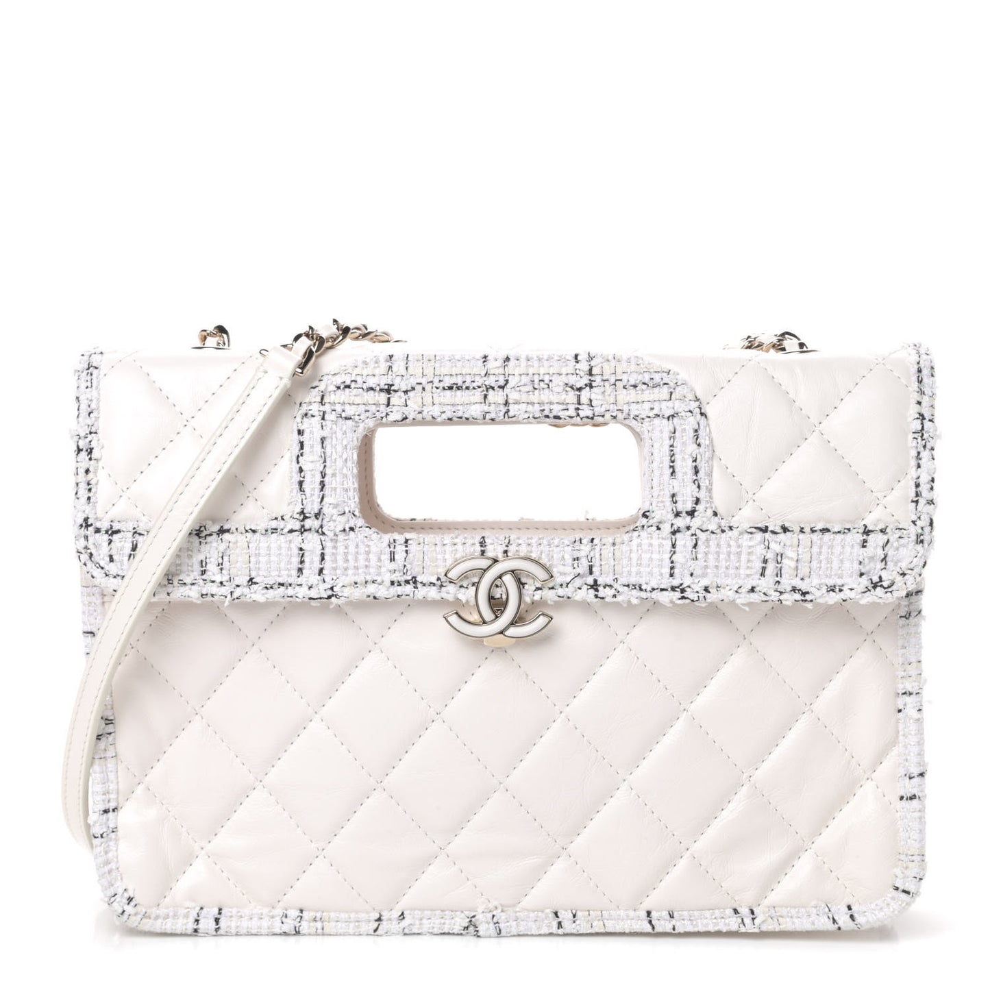 Aged Calfskin Tweed Top Handle Charm Flap White