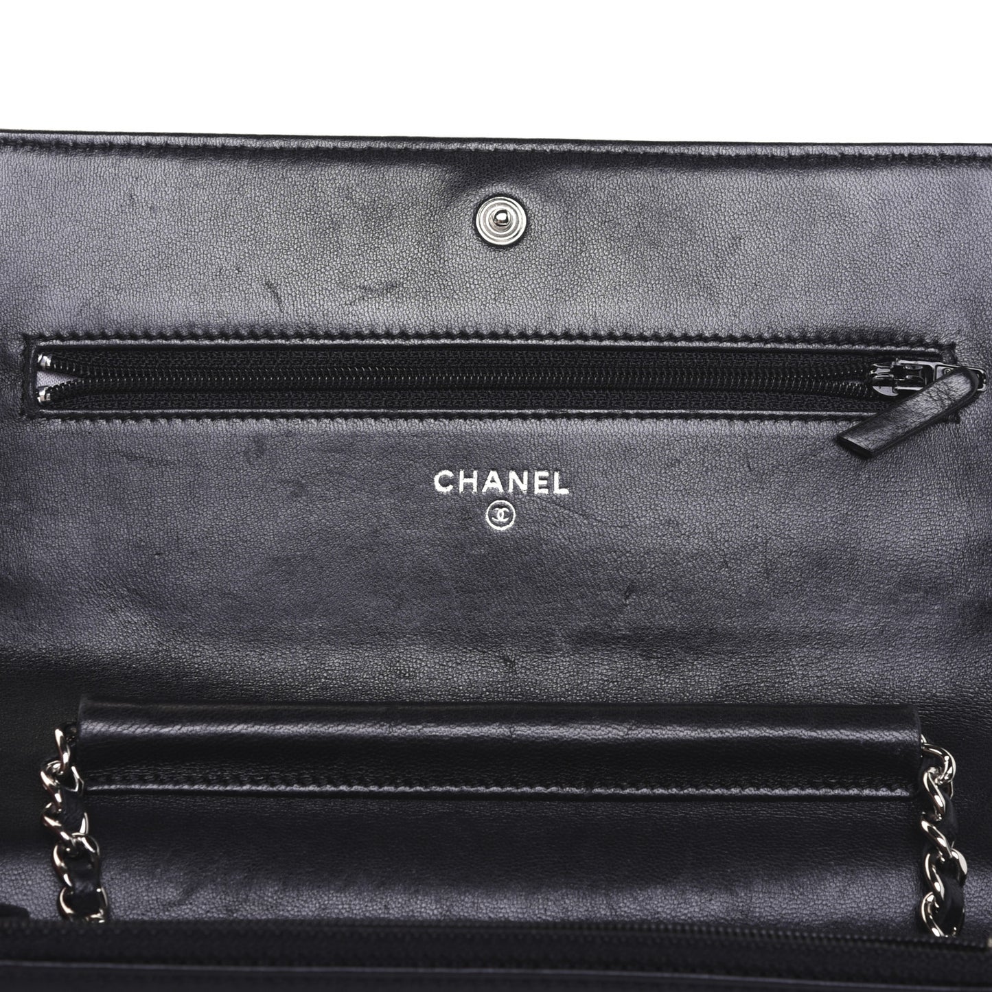 Lambskin Camellia Embossed Wallet on Chain WOC Black