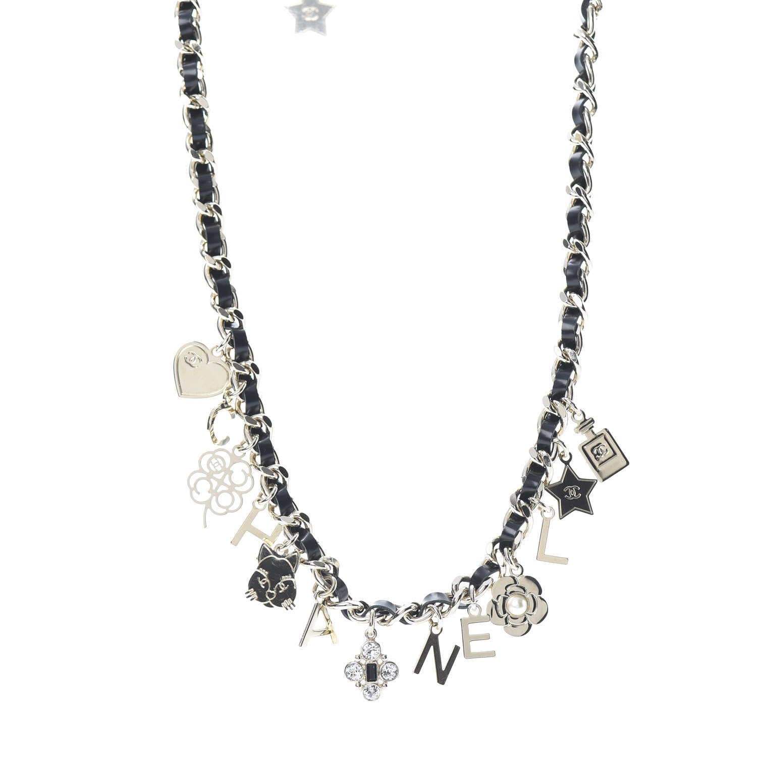 Chanel Lambskin Crystal CC Logo Charming Necklace Gold Black 1 of 5