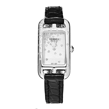 Hermes Stainless Steel Alligator Diamond 17mm Nantucket Jete De Diamants Quartz Watch Noir 1 of 10