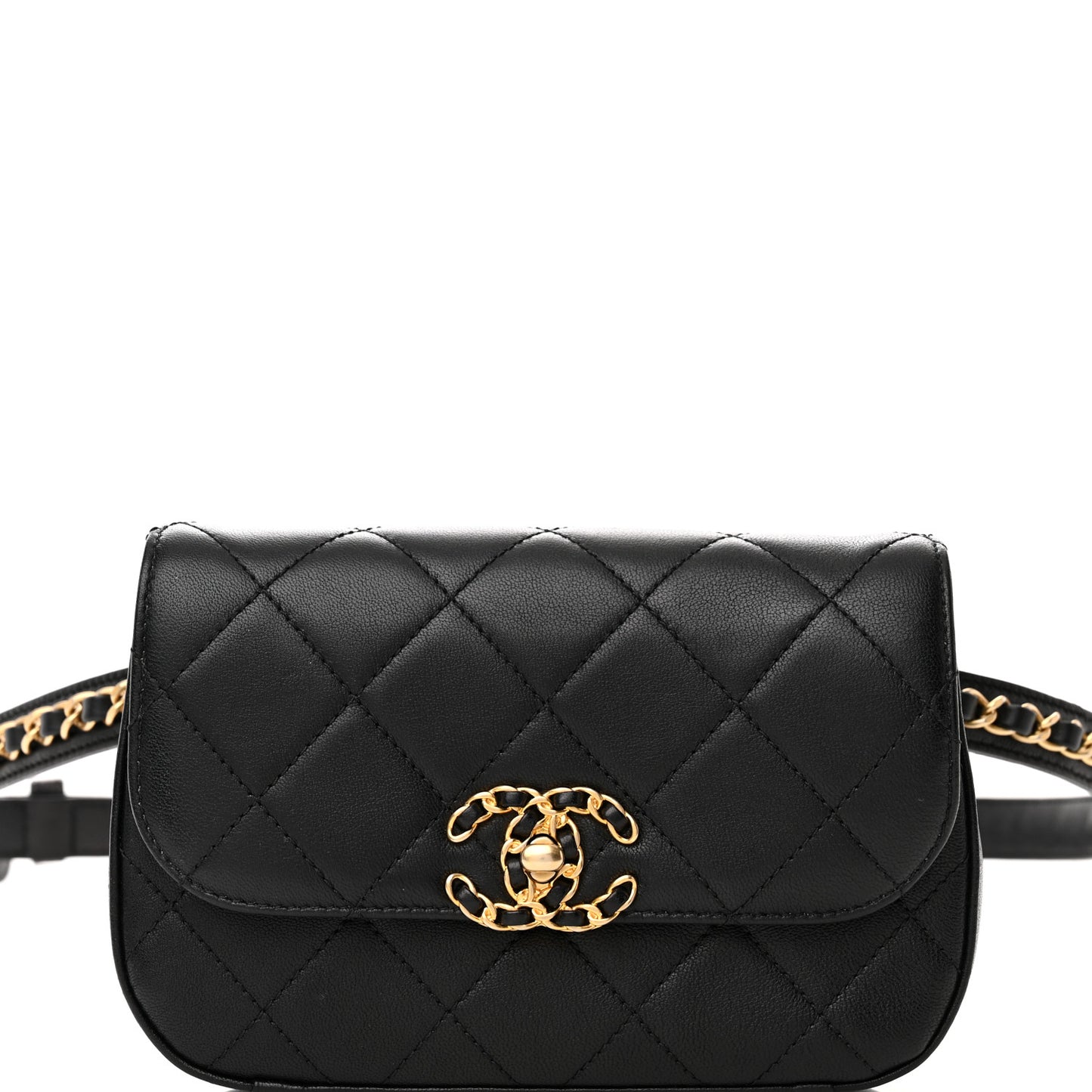 Lambskin Quilted Chain Infinity Waist Belt Bag Black