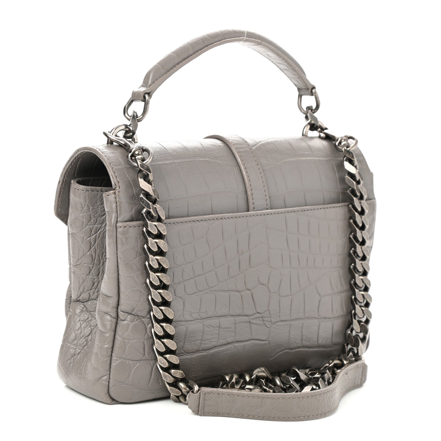 Calfskin Crocodile Embossed Medium College Monogram Satchel Gray
