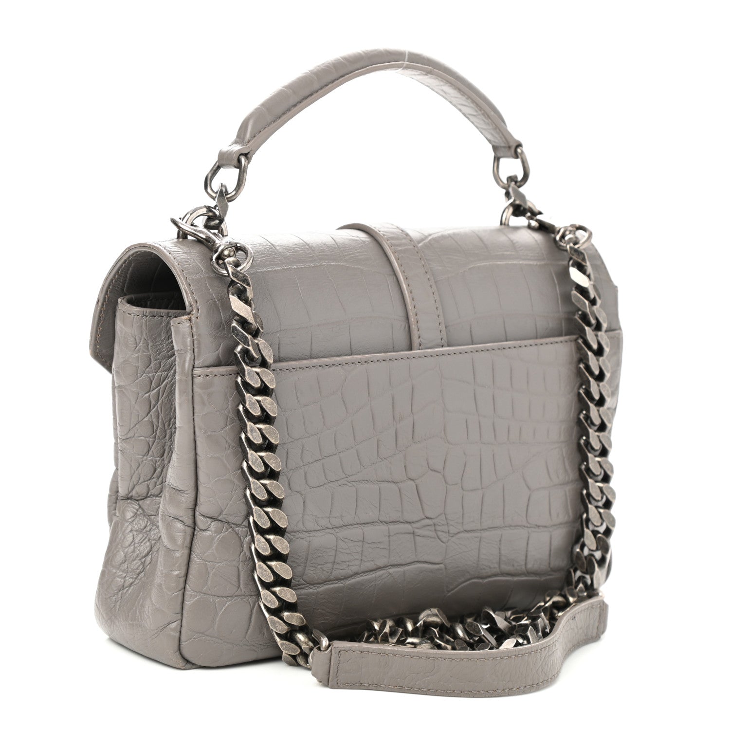 Saint Laurent Calfskin Crocodile Embossed Medium College Monogram Satchel Gray 3 of 13