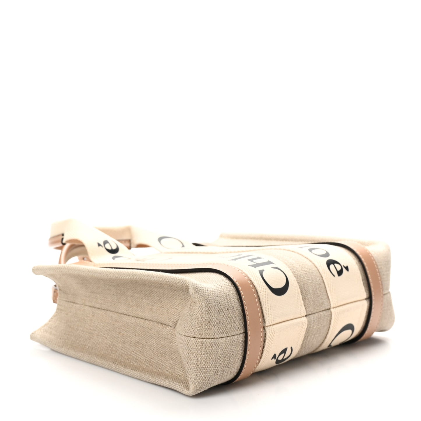 Linen Calfskin Small Woody Ribbon Tote With Strap White Light Brown