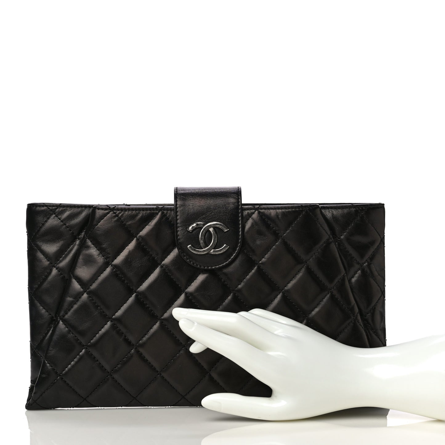 Aged Calfskin Quilted Zip Clutch Black