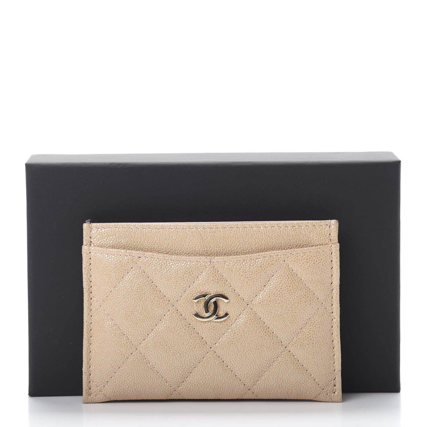 Iridescent Caviar Quilted Card Holder Beige