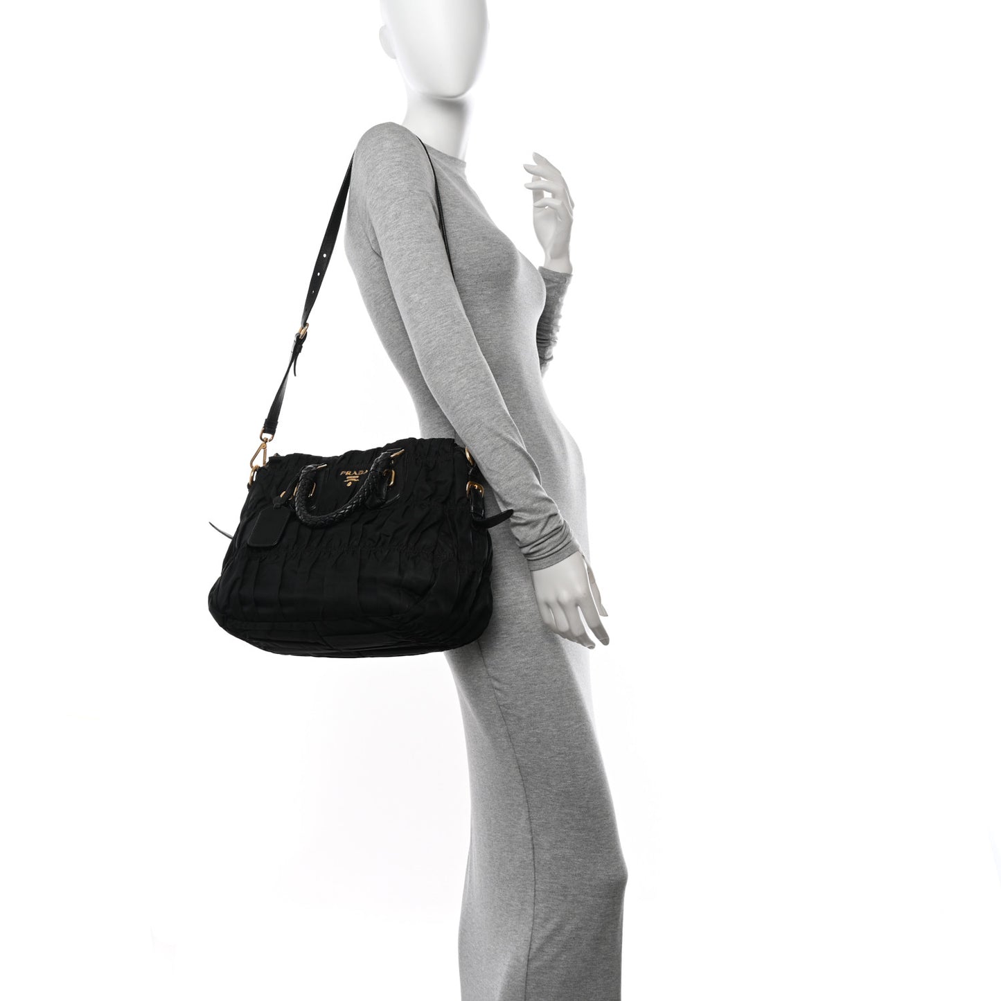 Tessuto Nylon Nappa Braided Gaufre Shopping Satchel Black