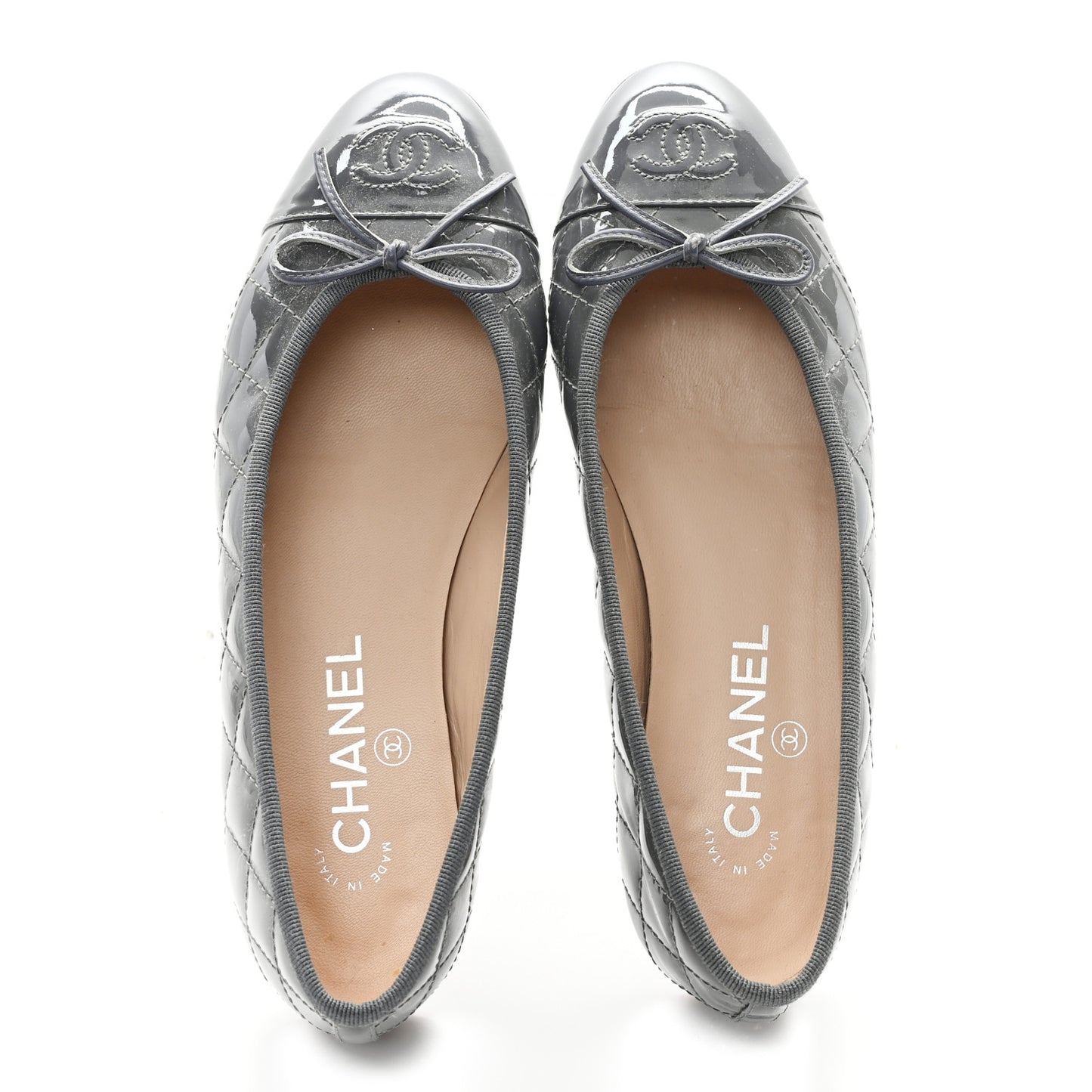 Patent Calfskin Quilted CC Cap Toe Ballerina Flats 37.5 Grey