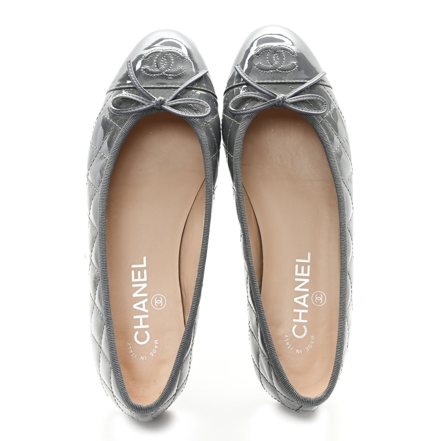 Chanel Patent Calfskin Quilted CC Cap Toe Ballerina Flats 37.5 Grey 2 of 9