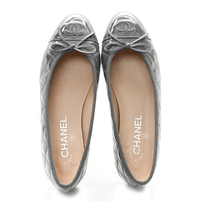 Chanel Patent Calfskin Quilted CC Cap Toe Ballerina Flats 37.5 Grey 2 of 9