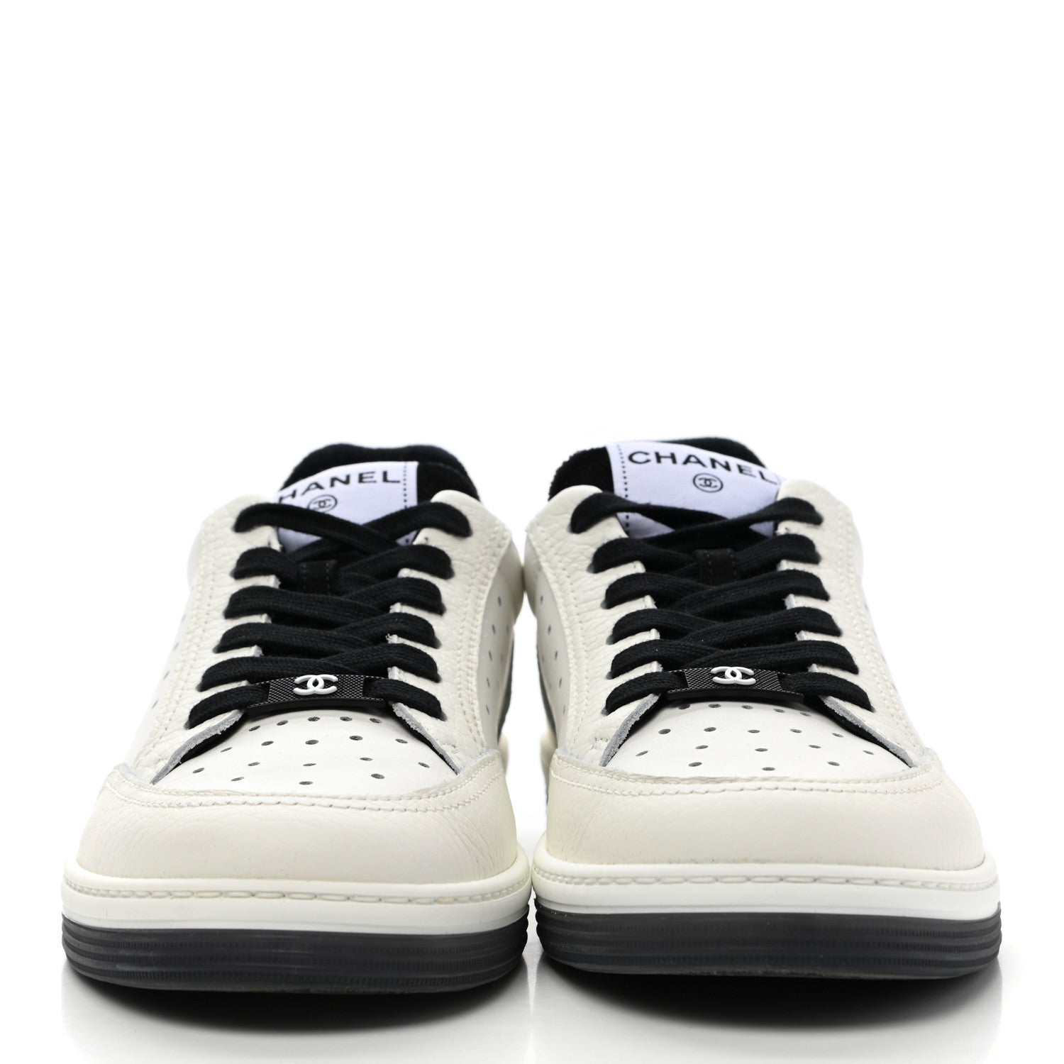 Chanel Grained Calfskin Fabric Womens Logo Sneakers 38.5 White Black 2 of 11