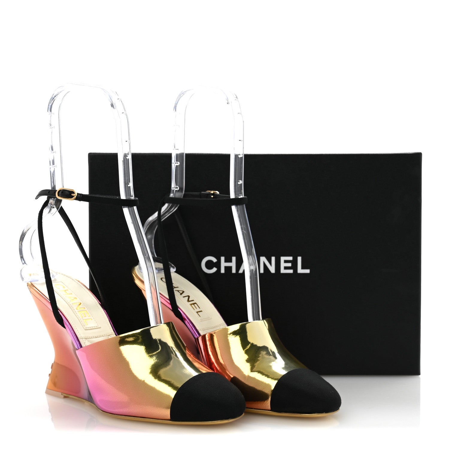 Chanel Laminated Calfskin Grosgrain Cap Toe CC Wedge Pumps 38 Pink Orange Yellow Black 11 of 11