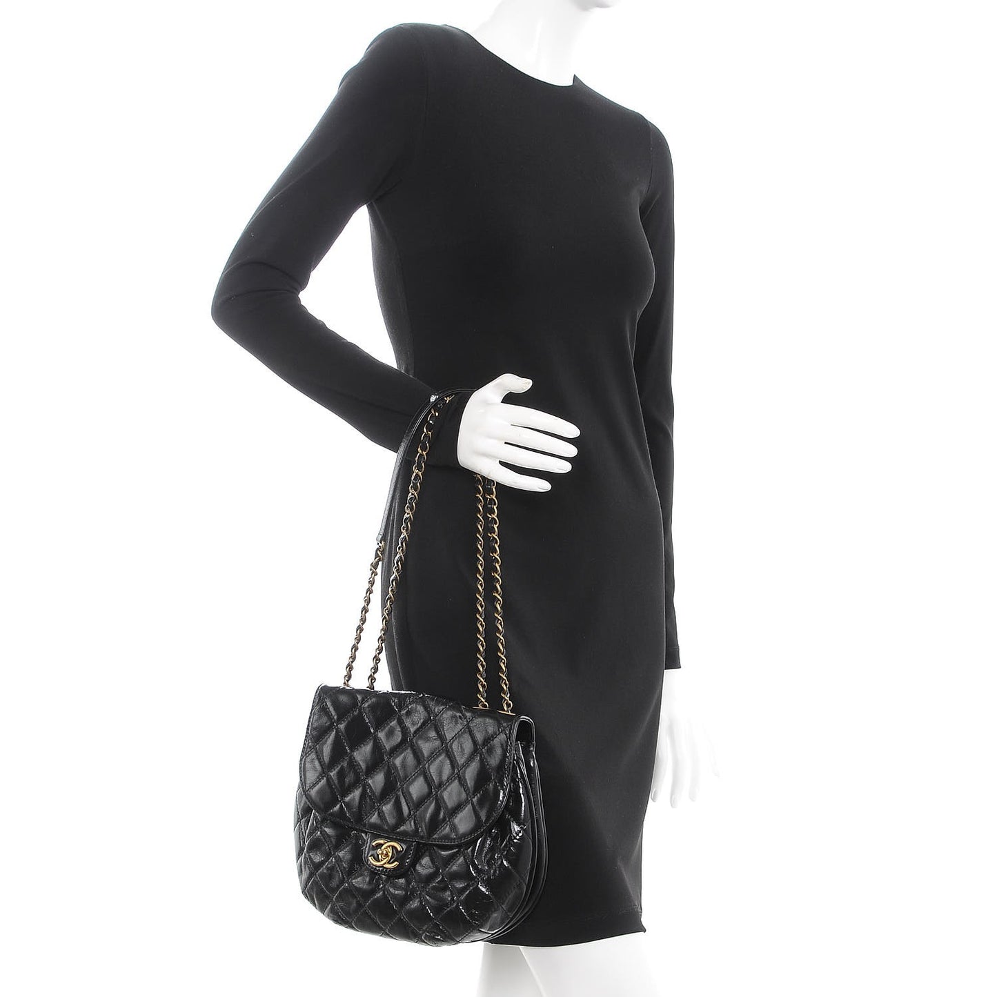 Glazed Calfskin Quilted Medium Bubble CC Flap Black