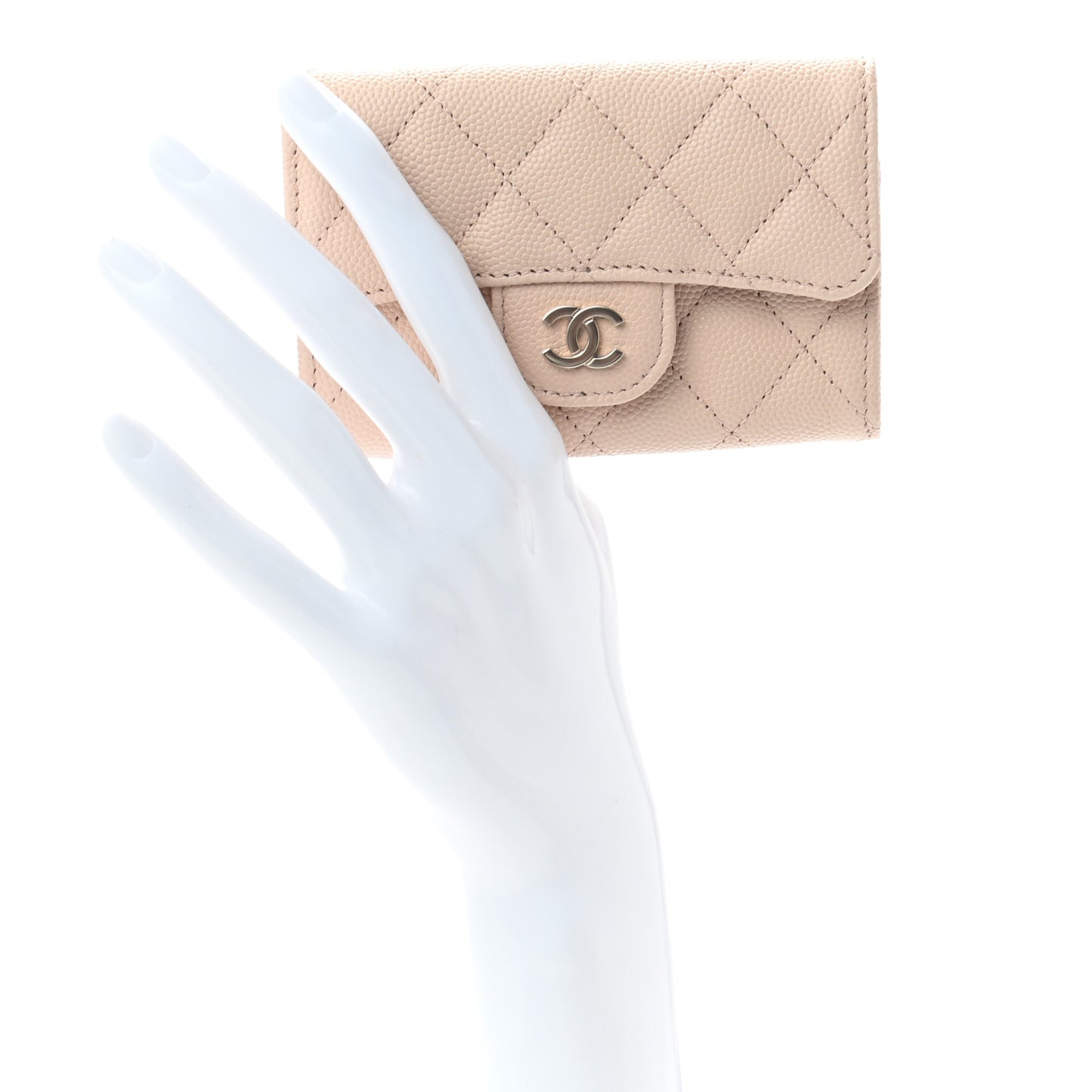 Caviar Quilted Flap Card Holder Wallet Beige