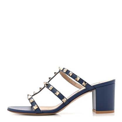 Valentino Garavani Calfskin Rockstud 60mm Caged Slide Sandals 38 Blu Delft 1 of 10