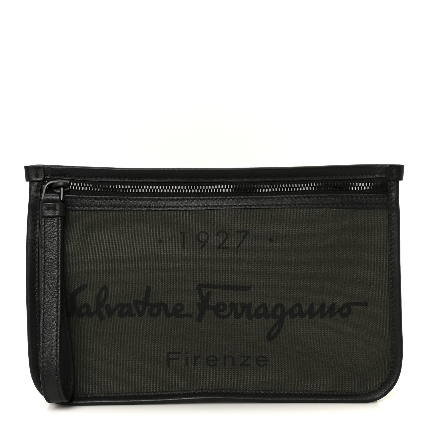 Salvatore Ferragamo Canvas 1927 Signature Wristlet Clutch Khaki Black 1 of 9